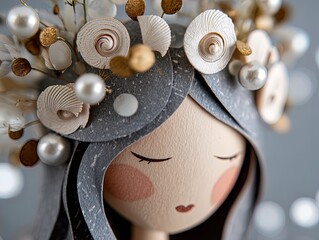 enchanting close-up of a paper woman with seashell crown and pearl beads: perfect for a coastal-inspired poster or unique interior decor!