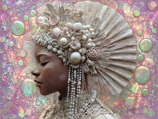 enchanting close-up of a paper woman with seashell crown and pearl beads: perfect for a coastal-inspired poster or unique interior decor!