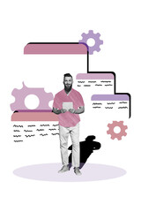 Template sketch trend artwork 3D photo collage of young man stand hold tablet vacancy worker...