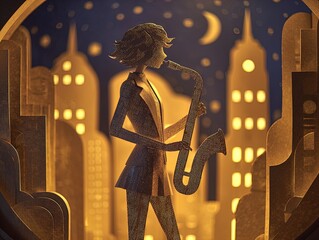 retro-futuristic paper art: shimmering gold blazer woman with saxophone against neon city backdrop – perfect poster for dynamic sports interiors