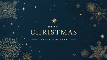 Elegant Navy Blue Merry Christmas and Happy New Year Banner with Gold Outline Snowflakes and Stars