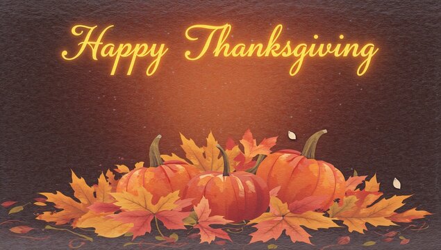 Festive Thanksgiving card with pumpkins and fall leaves on a dark backdrop. Autumn celebration theme.