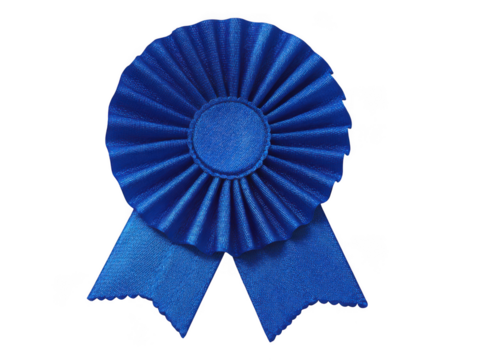 Elegant rosette award ribbon in blue isolated on transparent background