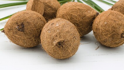 Mature coconuts displayed on a white wooden surface