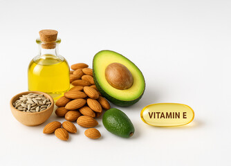 Vitamin E rich foods on white background. Avocado, almonds, sunflower seeds, and oil — natural sources of antioxidants for skin health and immunity support.