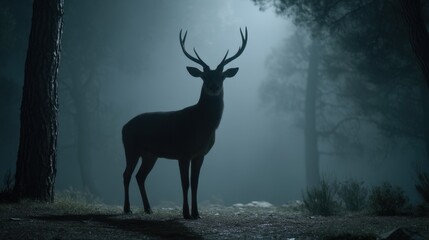 Majestic Deer Standing in a Quiet Moonlit Forest with Cinematic Atmosphere in the Serenity of Night