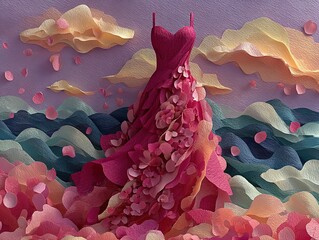 stunning fashion still life: coral-inspired paper dress with textured layers – perfect poster for trendy interiors and fashion enthusiasts