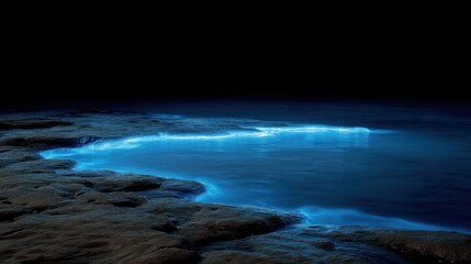 Obraz premium Surreal Blue Plankton Illuminating the Sea Surface at Night with a Mysterious Glow and Dreamlike Atmosphere