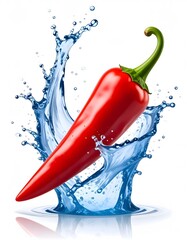 Vibrant Red Chili Pepper Plunging into Refreshing Water Splash on White Backdrop