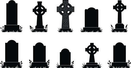 Gravestone silhouette collection, tombstone vector set, cemetery cross design, gothic headstone illustration, spooky graveyard art, Halloween memorial clipart, RIP