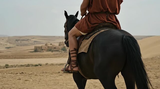 Man riding horse through desert landscape toward distant building, ancient biblical journey concept.