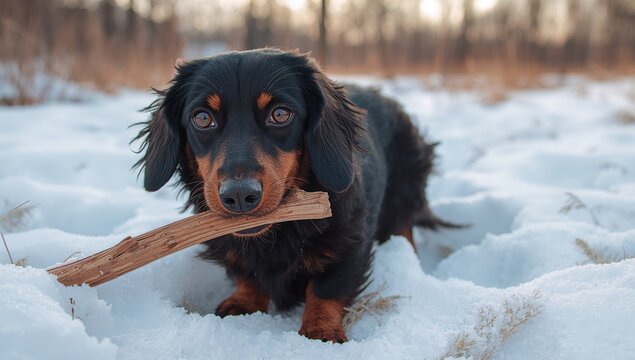 Black-tinted dachshund chews on a stick, focus on playfulness