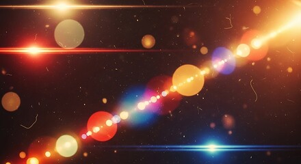 A vibrant display of light flares and bokeh effects against a dark backdrop with dust particles visible
