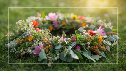 Flat lay of a springtime flower wreath featuring fresh herbs and greenery, ideal for adding custom text.