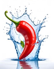 Vibrant Red Chili Pepper Plunging into Water Creating a Dynamic Splash on White