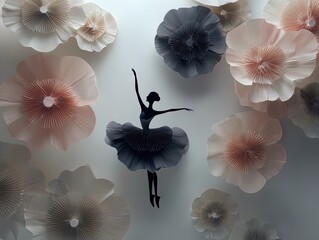 airy minimalist paper ballerina in black tutu and floating umbrellas - perfect for sporty interior posters and elegant decor