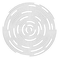 Circular ripple shape. Concentric circles with broken lines isolated on white background. Vortex, vibration, sonar wave, soundwave, sunburst or radio signal sign. Vector graphic illustration