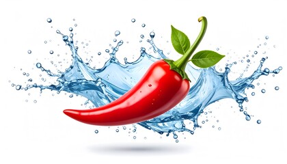 Vibrant Red Chili Pepper with Fresh Green Leaves Splashing in Clear Water