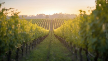Naklejka premium Blurred view of a vineyard at dawn, highlighting lush green vines in gentle golden light, seasonal change