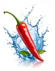 Vibrant Red Chili Pepper with Water Splash and Green Leaves on White Background
