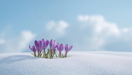 Crocus blossoms emerging through snowy ground. Natural floral backdrop. Wide format banner