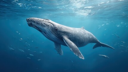 Naklejka premium Majestic Whale Swimming Gracefully Through Clear Ocean Waters Surrounded by Shimmering Sunlight and Schools of Fish
