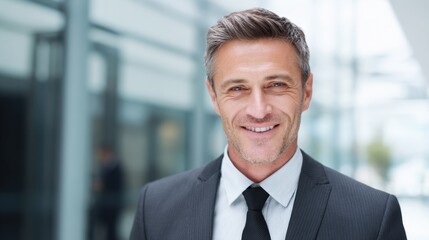 Fototapeta premium A well-dressed man stands confidently in a bright and modern office. He has a friendly smile, short gray hair, and is wearing a black suit and tie. The background shows a contemporary workspace.