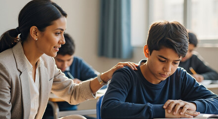 Addressing bullying in classroom, teacher comforts student in school, showing empathy and support. Instances of bullying are frequent, but here teacher offers reassurance and helps troubled child.