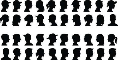 Human head silhouette, male female profile vector, hairstyle clipart set, people avatar design, face outline graphic, character icon illustration