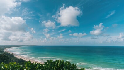 Fototapeta premium Breathtaking beach with ocean waves and sunlit sky, ideal for summer getaway