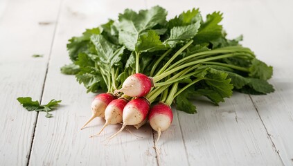 Fresh bunch of radishes on a light wooden surface, fiber-dense choice