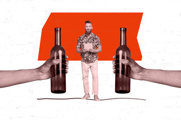 Composite trend artwork sketch image collage of bar party celebrate alcohol drink wine bottle young...