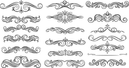Calligraphic dividers. Decorative retro page divider borders, wedding calligraphic frame and ornamental swirls floral frames. Elegant royal ornamentation vintage vector isolated icons set