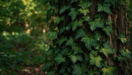 Obraz premium Dark green Common ivy leaves entwined around a rugged tree trunk, showcasing erosion risk