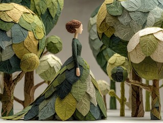 enchanting paper model in a green leaf gown: perfect poster for nature-inspired interiors and eco-friendly themes