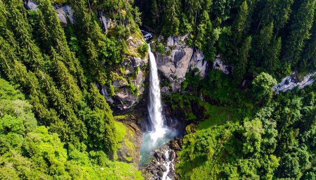 Aerial view of tall waterfall cascading through lush green forest. Rocks & trees surround it