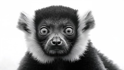 Obraz premium Close-up of a black and white ruffed lemur's face, highlighting its endangered status, suitable for editorial use
