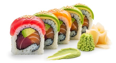 Delicious Sushi Rolls with Avocado, Salmon, and Tuna