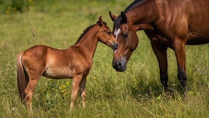 Brown Foal in Pasture Alongside Its Mother, Nurturing Bond