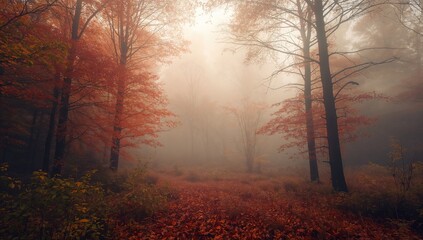 Foggy fall dawn in a woodland fantasy