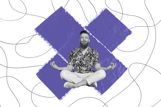 Composite trend artwork 3D sketch image photo collage of cross paper piece line yoga training meditate young guy sit om gesture keep calm