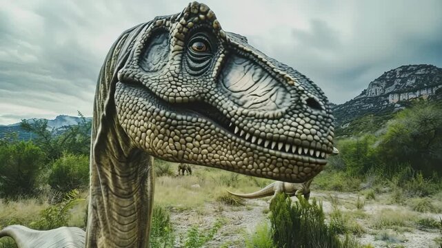 Scary hungry dinosaur with kind eyes and sharp teeth destroying public park
