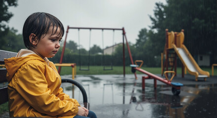 Lonely kid in rain, sitting sadly on park bench during a storm. Lonely kid wearing yellow jacket, looking desolate as rain pours down, creating a somber scene.