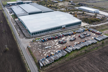 Aerial view to wheat depot and many trucks near to Burgas, Bulgaria