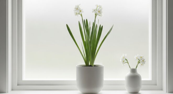 White paperwhite (Narcissus) flowers in a pot on a minimalist windowsill.