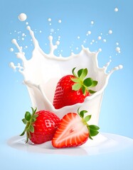 Vibrant Strawberries Splashing in Milk Against a Light Blue Background
