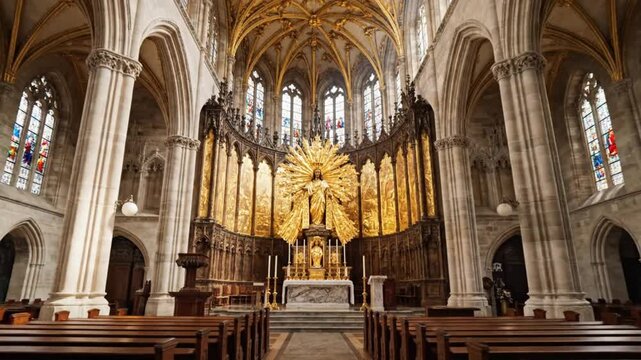 Interior of a cathedral with Solemnity of Christ the King altar and stained glass windows