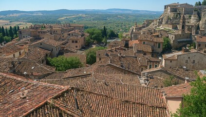 Obraz premium Ancient medieval hill town perched on tuff stone cliffs overlooking a river, showcasing Etruscan legacy.
