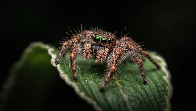 Large brown Hyllus Diardi jumping spider perched on a leaf in the wild, close-up view