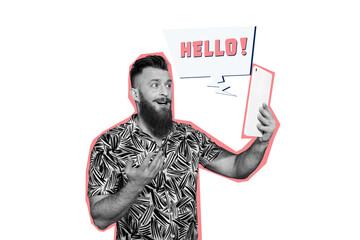 Composite photo collage of happy man hold phone video call telecommunication text box greeting...